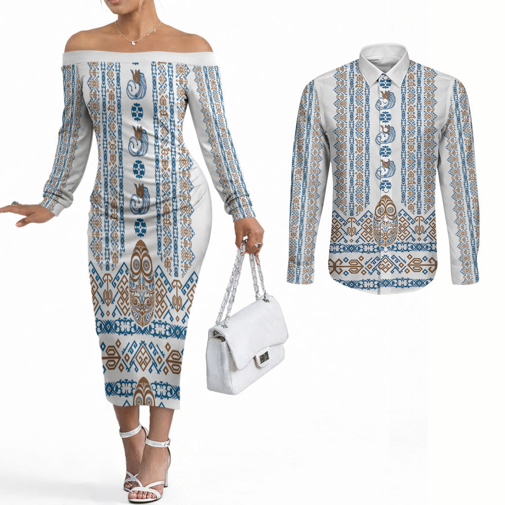 Personalised Papua New Guinea Bird Ethnic Couples Matching Off The Shoulder Long Sleeve Dress and Long Sleeve Button Shirt Papuan Batik Inspired Pattern