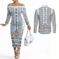 Personalised Papua New Guinea Bird Ethnic Couples Matching Off The Shoulder Long Sleeve Dress and Long Sleeve Button Shirt Papuan Batik Inspired Pattern