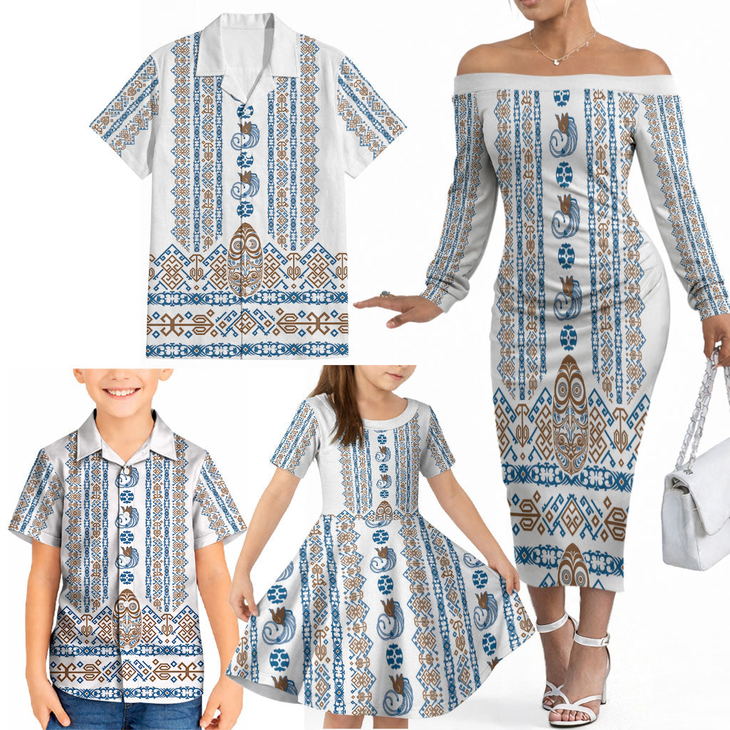 Personalised Papua New Guinea Bird Ethnic Family Matching Off The Shoulder Long Sleeve Dress and Hawaiian Shirt Papuan Batik Inspired Pattern LT9 - Polynesian Pride