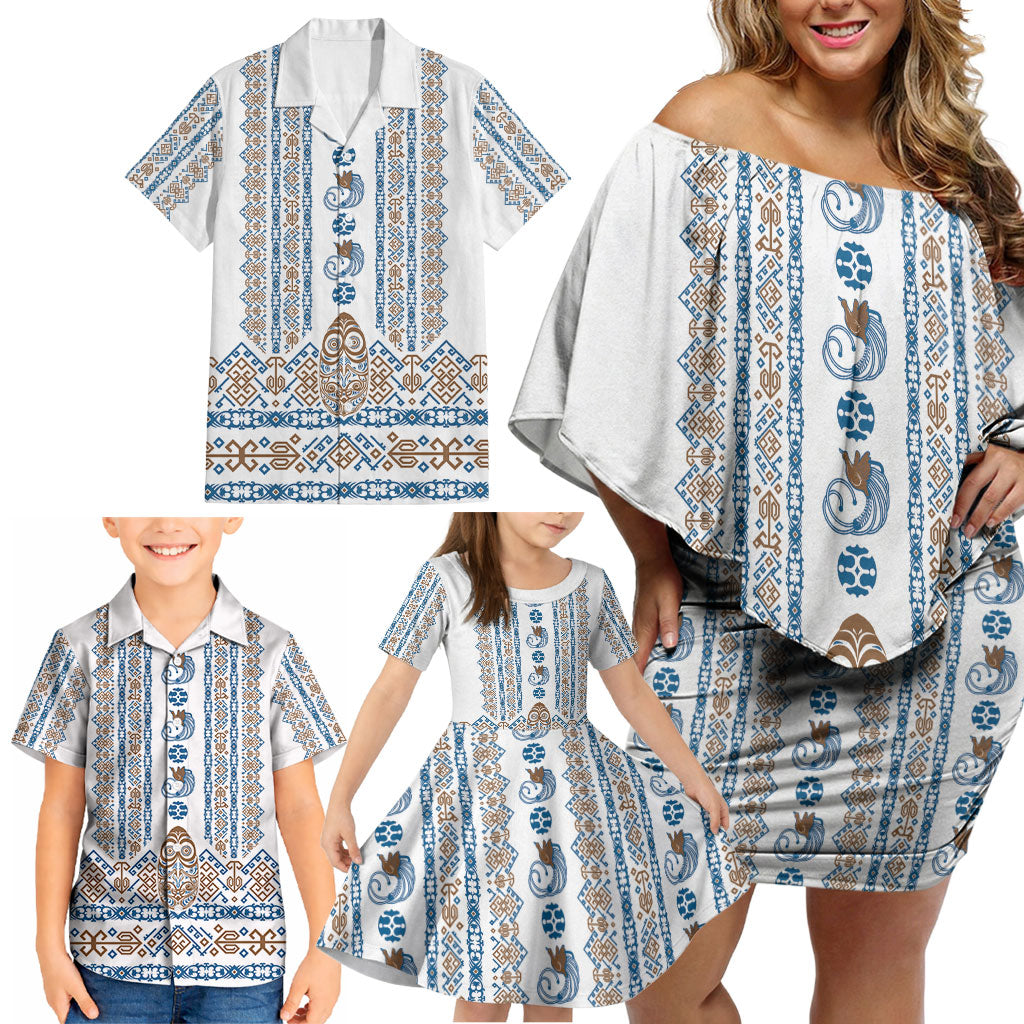 Personalised Papua New Guinea Bird Ethnic Family Matching Off Shoulder Short Dress and Hawaiian Shirt Papuan Batik Inspired Pattern