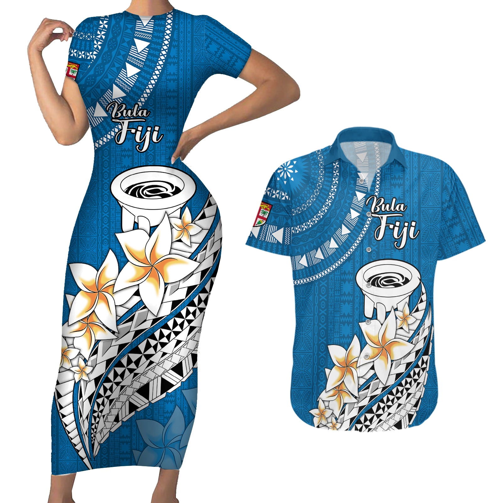 Bula Fiji Couples Matching Short Sleeve Bodycon Dress and Hawaiian Shirt Kava Bowl Tapa Tribal LT9 Blue - Polynesian Pride