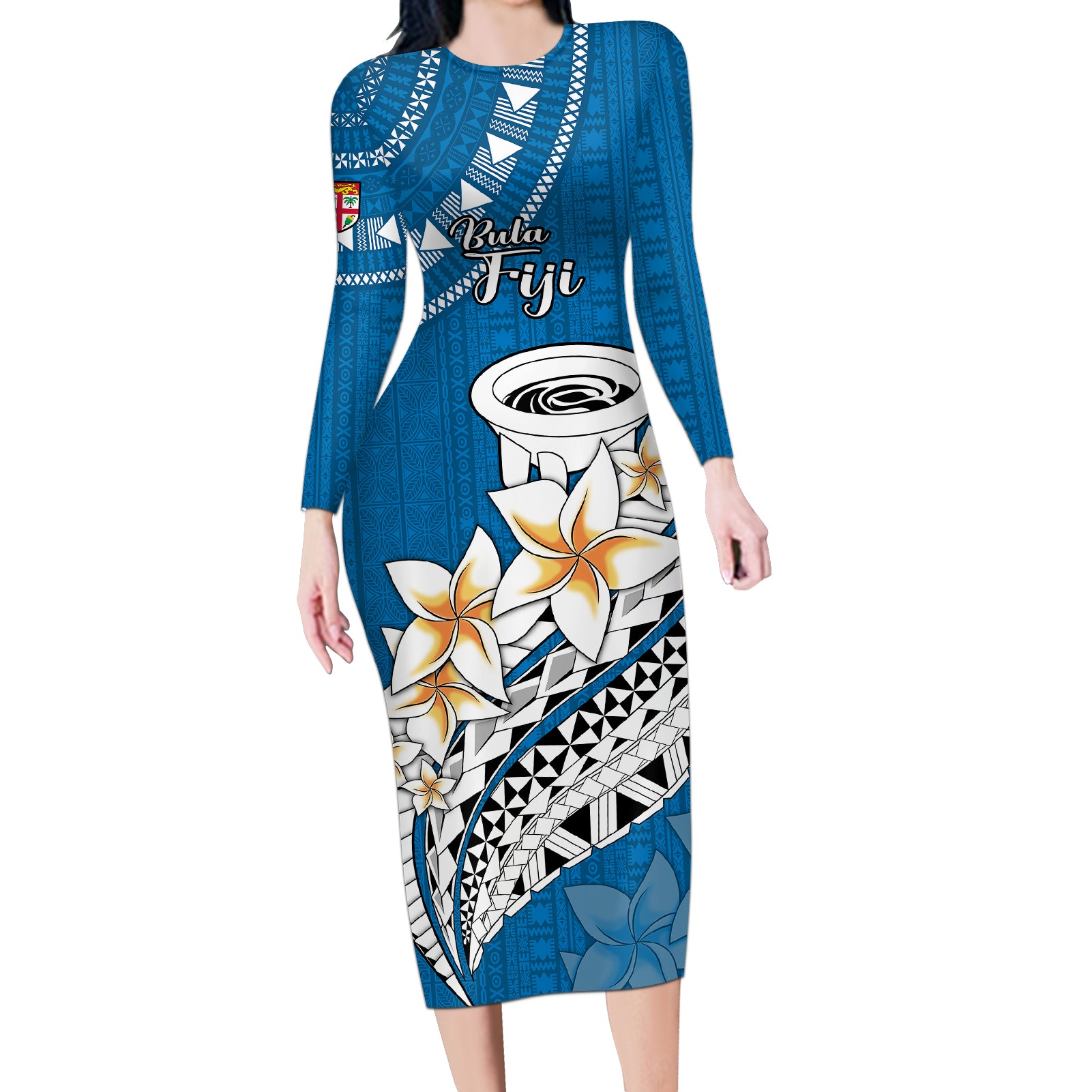 Bula Fiji Long Sleeve Bodycon Dress Kava Bowl Tapa Tribal LT9 Long Dress Blue - Polynesian Pride