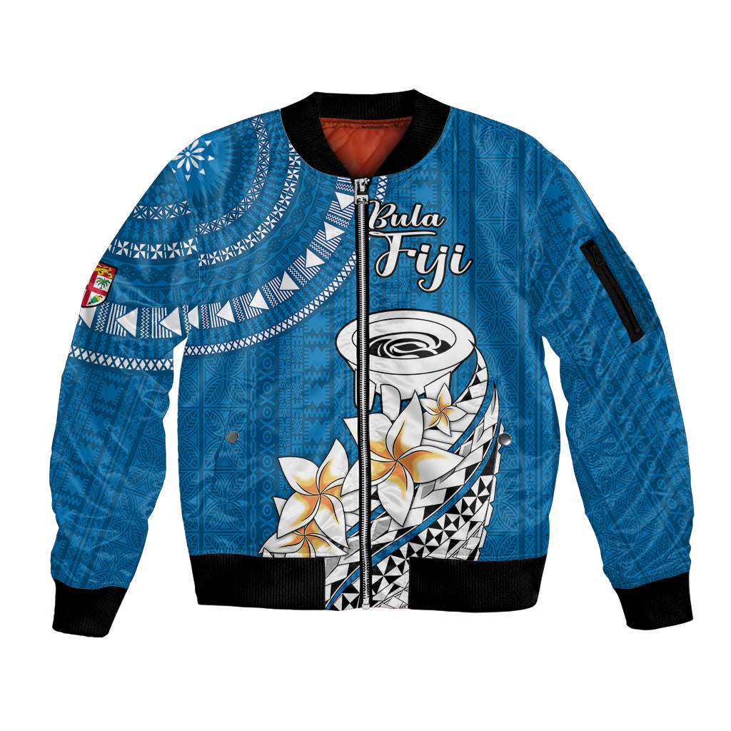 Bula Fiji Sleeve Zip Bomber Jacket Kava Bowl Tapa Tribal LT9 Unisex Blue - Polynesian Pride