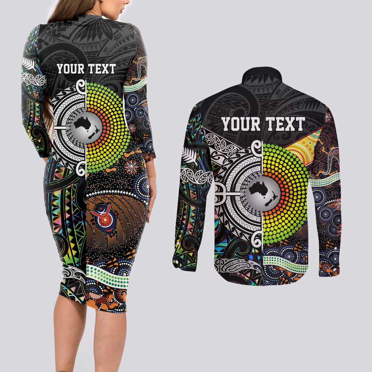 New Zealand and Australia Couples Matching Long Sleeve Bodycon Dress and Long Sleeve Button Shirt Maori Mix Aboriginal Art Style