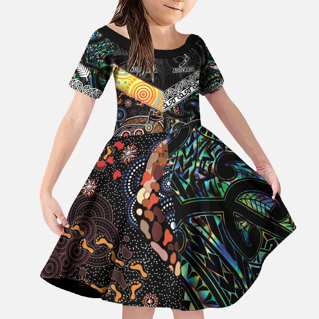 Personalised New Zealand and Australia Family Matching Off Shoulder Maxi Dress and Hawaiian Shirt Maori Mix Aboriginal Art Style LT9 Daughter's Dress Black - Polynesian Pride