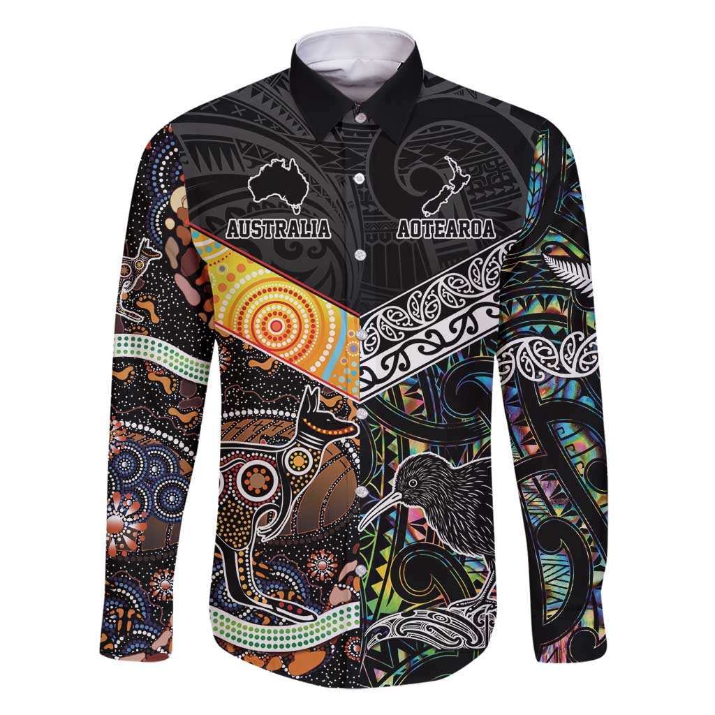 Personalised New Zealand and Australia Family Matching Off Shoulder Maxi Dress and Hawaiian Shirt Maori Mix Aboriginal Art Style LT9 Dad's Shirt - Long Sleeve Black - Polynesian Pride