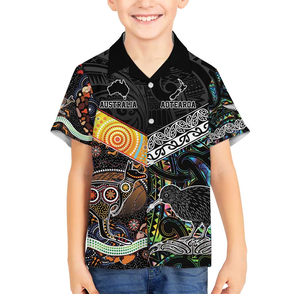 Personalised New Zealand and Australia Family Matching Off Shoulder Maxi Dress and Hawaiian Shirt Maori Mix Aboriginal Art Style LT9 Son's Shirt Black - Polynesian Pride