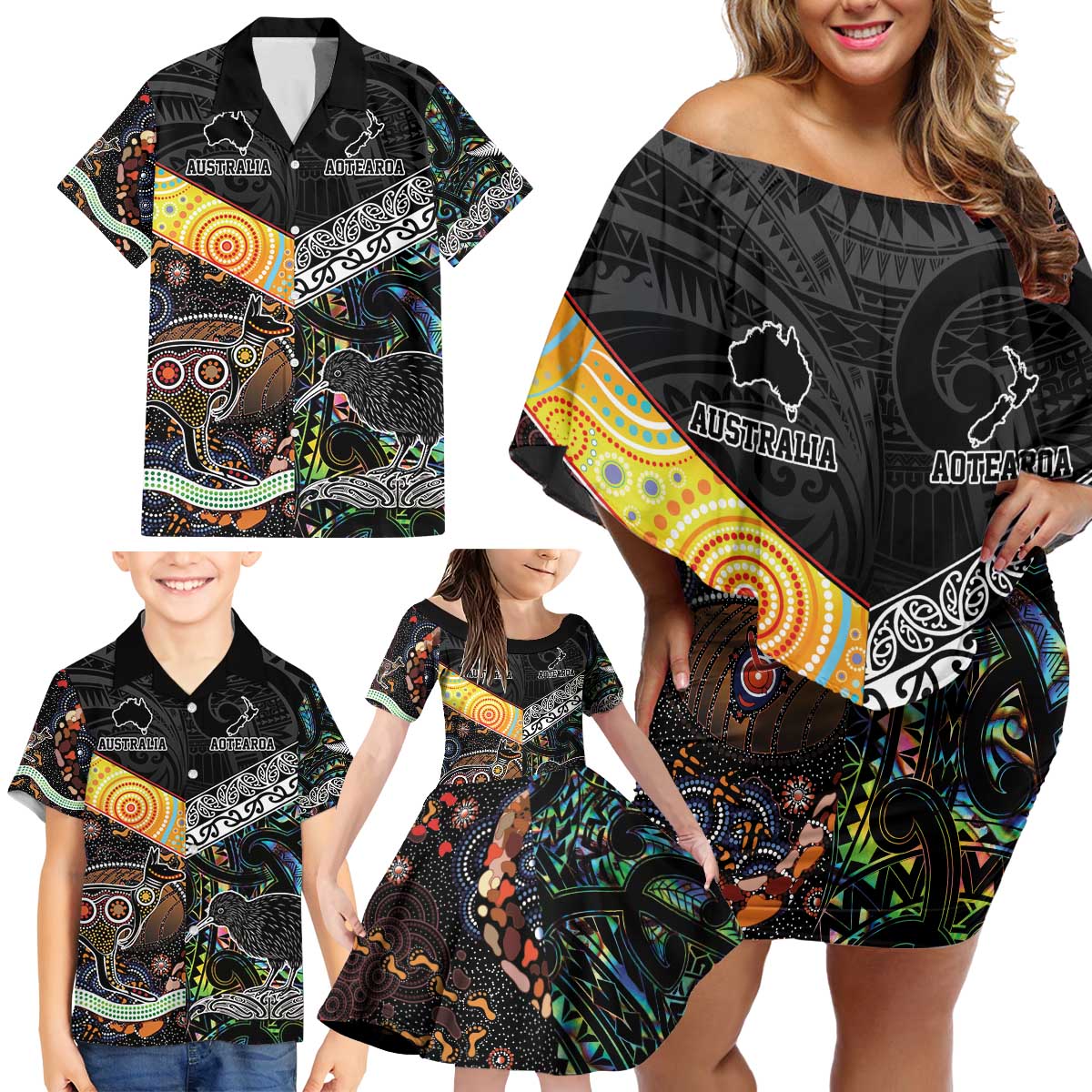 Personalised New Zealand and Australia Family Matching Off Shoulder Short Dress and Hawaiian Shirt Maori Mix Aboriginal Art Style LT9 - Polynesian Pride