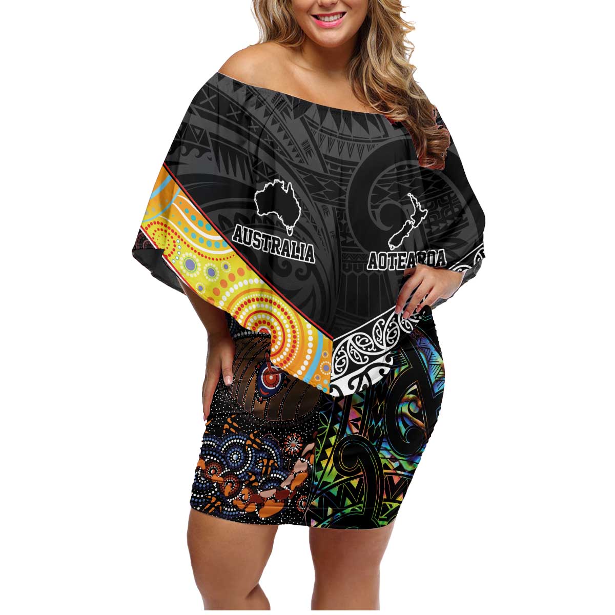 Personalised New Zealand and Australia Family Matching Off Shoulder Short Dress and Hawaiian Shirt Maori Mix Aboriginal Art Style LT9 Mom's Dress Black - Polynesian Pride