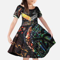 Personalised New Zealand and Australia Family Matching Puletasi and Hawaiian Shirt Maori Mix Aboriginal Art Style LT9 Daughter's Dress Black - Polynesian Pride