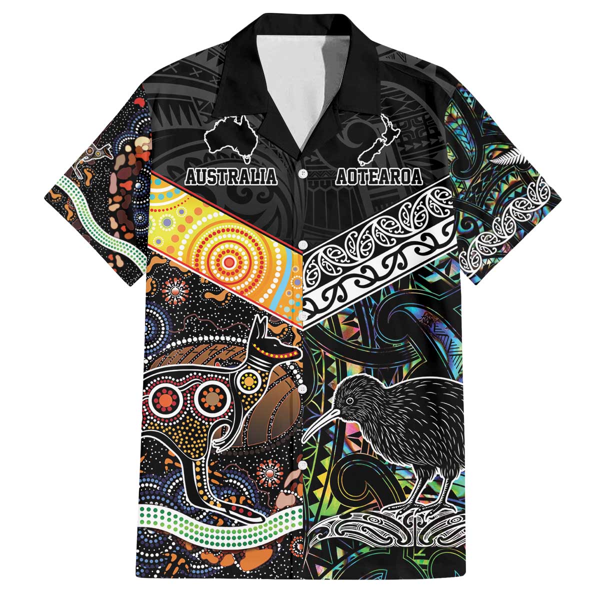 Personalised New Zealand and Australia Family Matching Puletasi and Hawaiian Shirt Maori Mix Aboriginal Art Style LT9 Dad's Shirt - Short Sleeve Black - Polynesian Pride