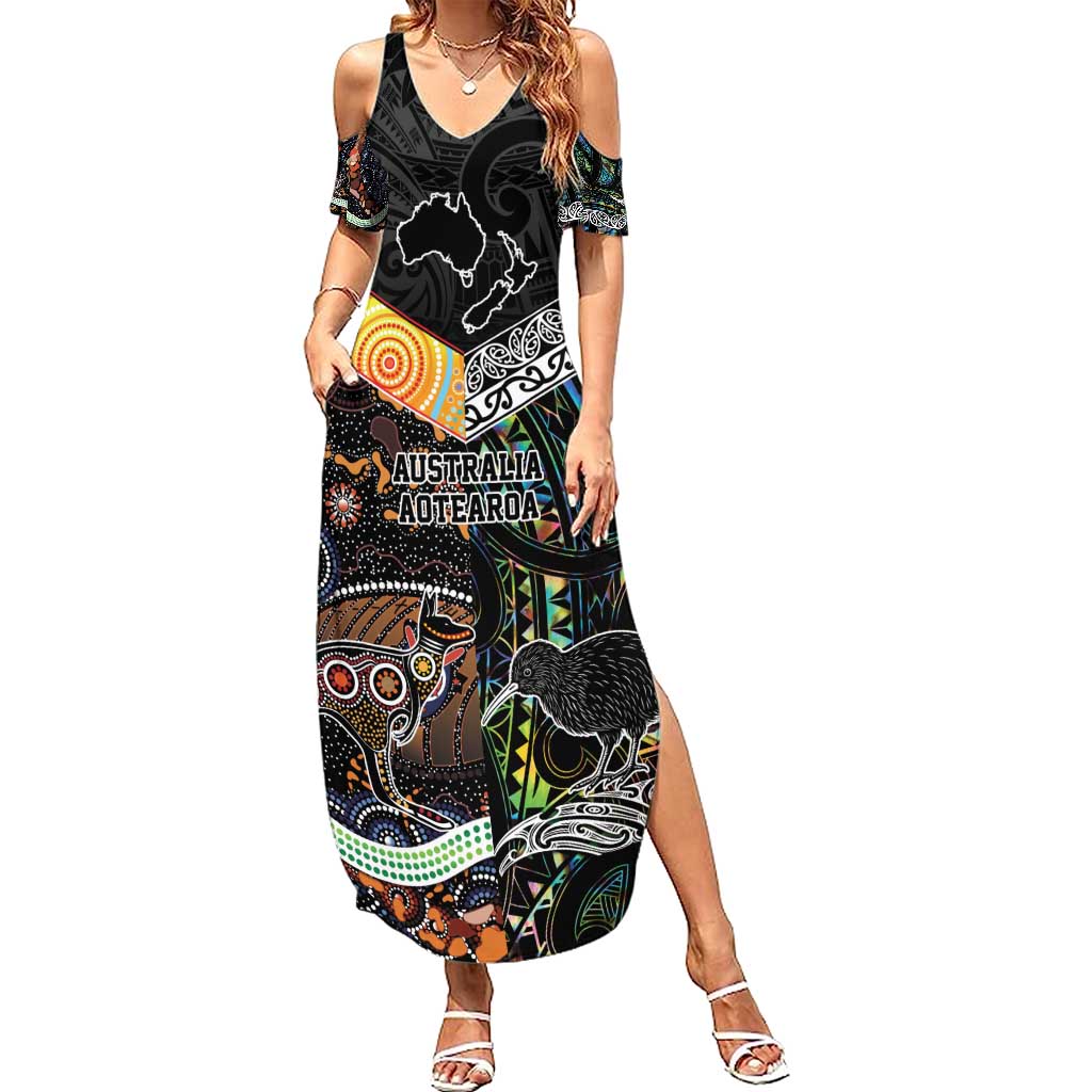 Personalised New Zealand and Australia Family Matching Summer Maxi Dress and Hawaiian Shirt Maori Mix Aboriginal Art Style LT9 Mom's Dress Black - Polynesian Pride