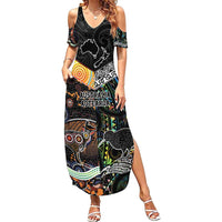 Personalised New Zealand and Australia Family Matching Summer Maxi Dress and Hawaiian Shirt Maori Mix Aboriginal Art Style LT9 Mom's Dress Black - Polynesian Pride