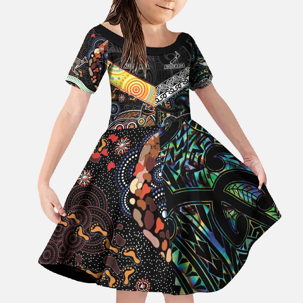Personalised New Zealand and Australia Family Matching Tank Maxi Dress and Hawaiian Shirt Maori Mix Aboriginal Art Style LT9 Daughter's Dress Black - Polynesian Pride