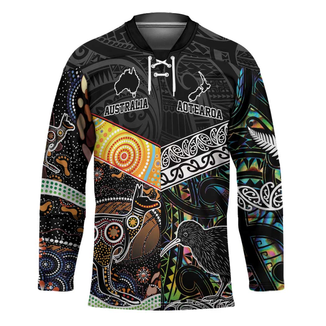 Australia New Zealand Personalised Hockey Jersey Maori Aboriginal Art Style LT9 Unisex Black - Polynesian Pride
