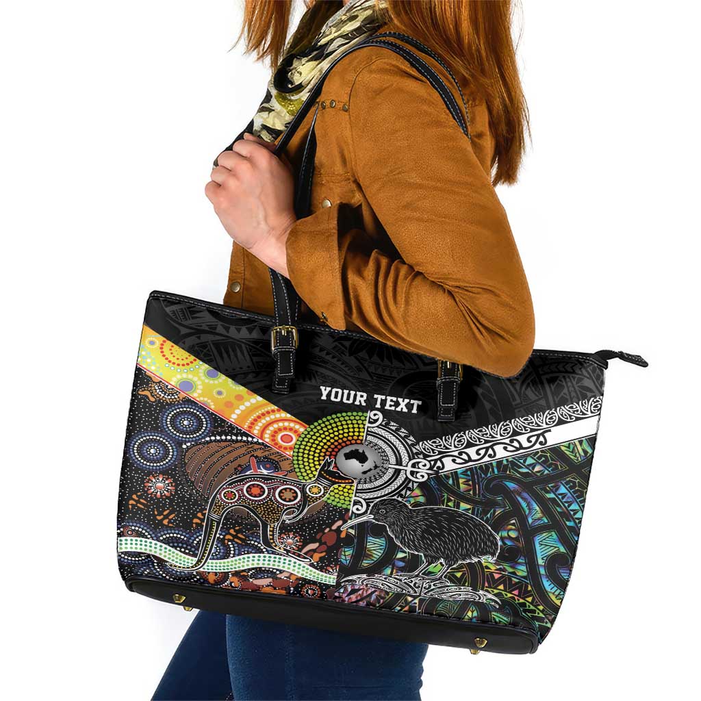 Personalised New Zealand and Australia Leather Tote Bag Maori Mix Aboriginal Art Style LT9 Black - Polynesian Pride