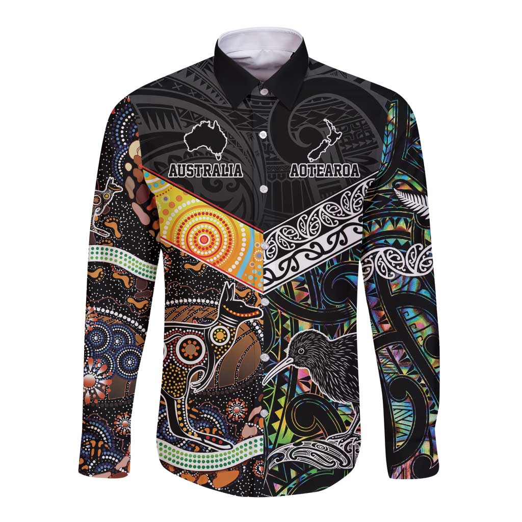 Personalised New Zealand and Australia Long Sleeve Button Shirt Maori Mix Aboriginal Art Style LT9 Unisex Black - Polynesian Pride