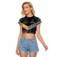 Personalised New Zealand and Australia Raglan Cropped T Shirt Maori Mix Aboriginal Art Style LT9 Female Black - Polynesian Pride