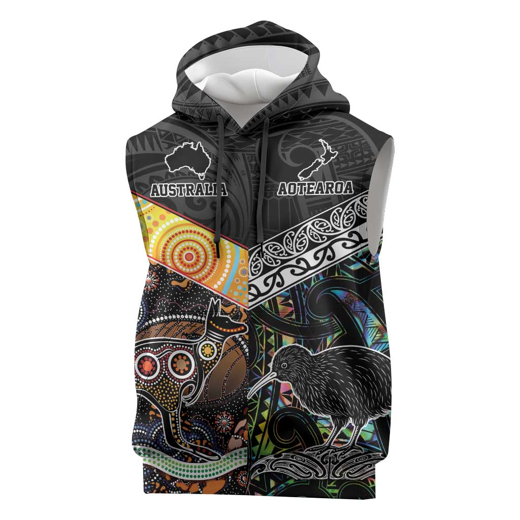 Australia New Zealand Personalised Sleeveless Hoodie Maori Aboriginal Art Style LT9 Black - Polynesian Pride