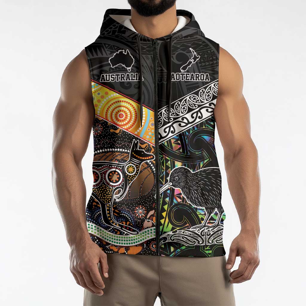 Australia New Zealand Personalised Sleeveless Zip Hoodie Maori Aboriginal Art Style LT9 - Polynesian Pride