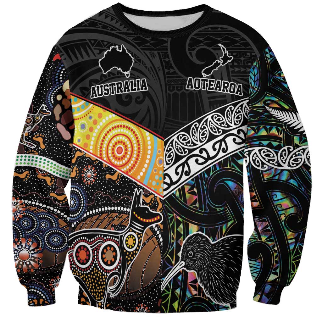 Personalised New Zealand and Australia Sweatshirt Maori Mix Aboriginal Art Style LT9 Unisex Black - Polynesian Pride