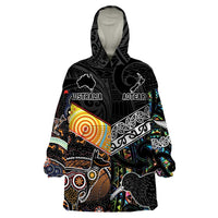 Personalised New Zealand and Australia Wearable Blanket Hoodie Maori Mix Aboriginal Art Style LT9 One Size Black - Polynesian Pride