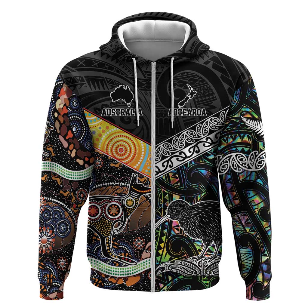Personalised New Zealand and Australia Zip Hoodie Maori Mix Aboriginal Art Style LT9 Zip Hoodie Black - Polynesian Pride