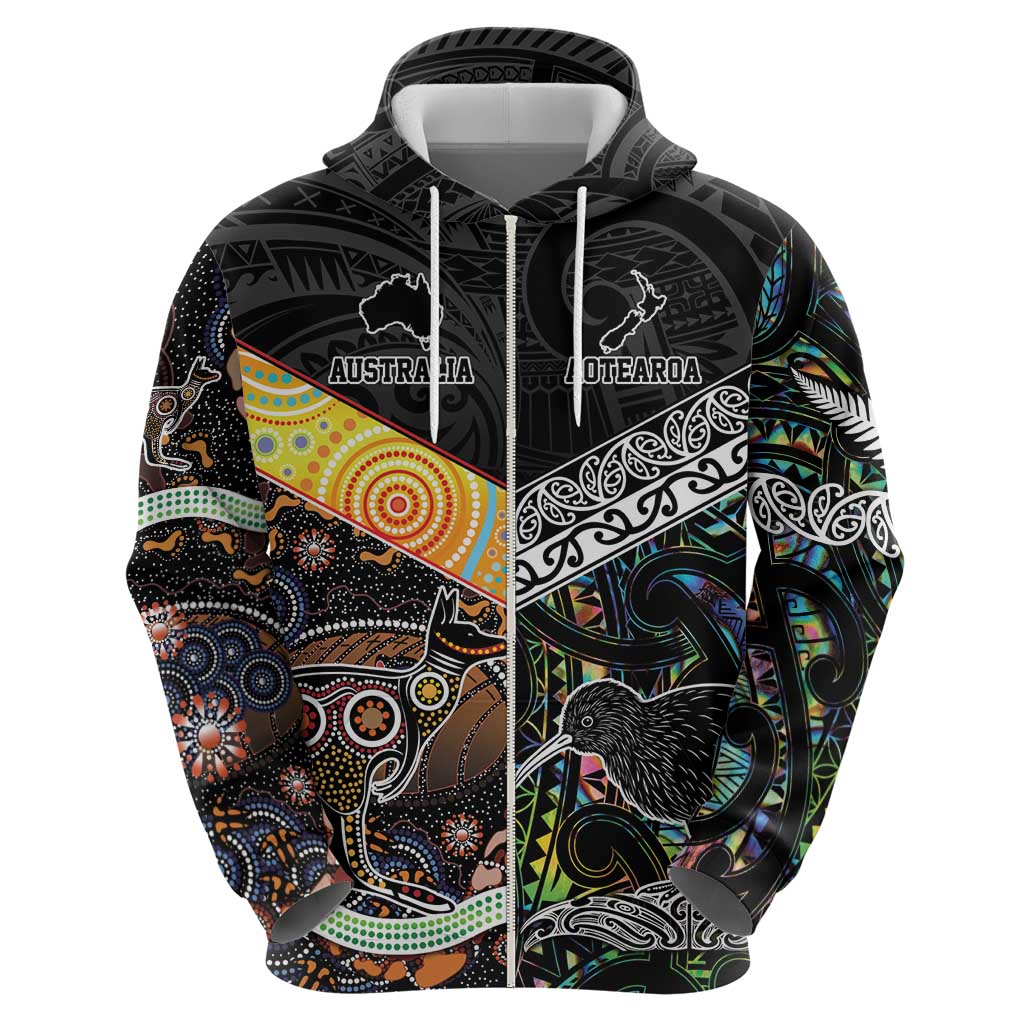 Personalised New Zealand and Australia Zip Hoodie Maori Mix Aboriginal Art Style LT9 - Polynesian Pride