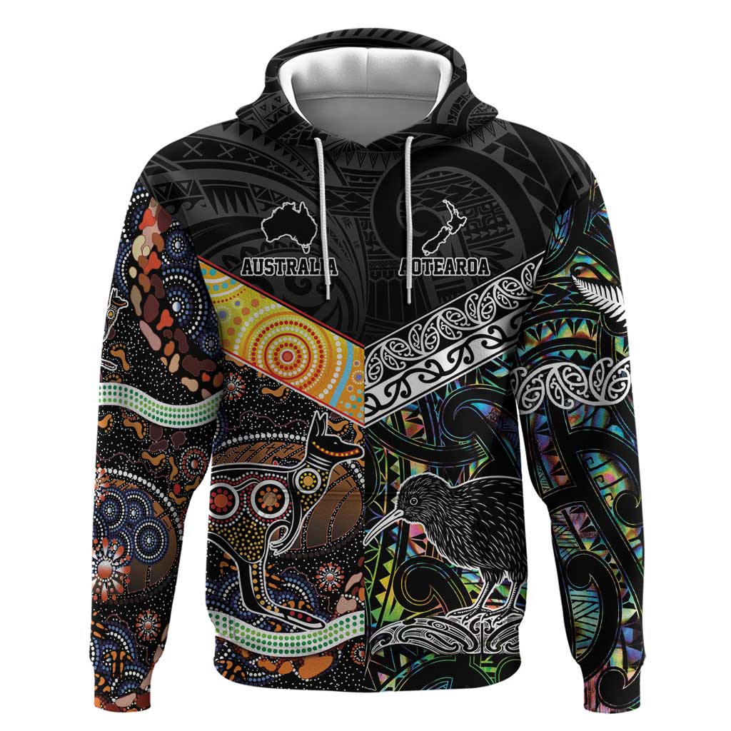 Personalised New Zealand and Australia Zip Hoodie Maori Mix Aboriginal Art Style LT9 Pullover Hoodie Black - Polynesian Pride