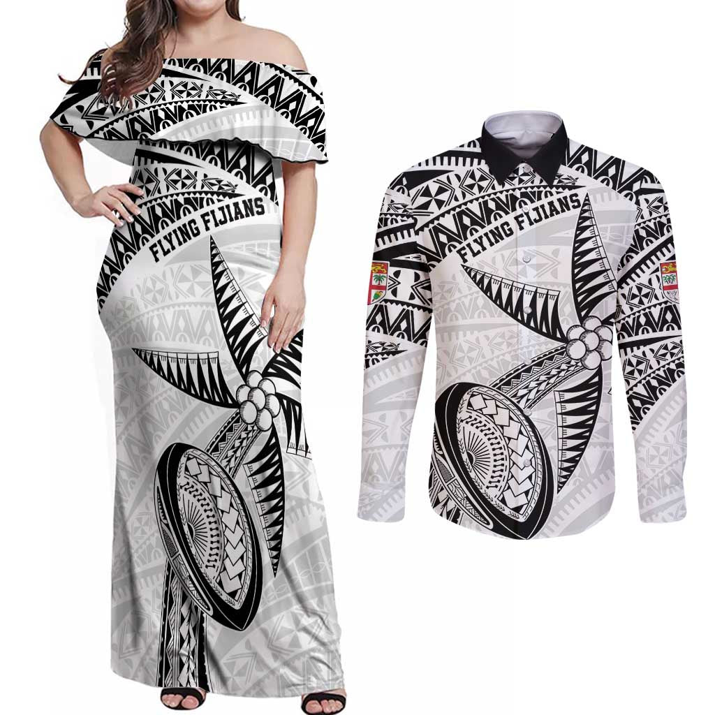 Custom Fiji Rugby Pacific Couples Matching Off Shoulder Maxi Dress and Long Sleeve Button Shirt Polynesian Palm Tattoo