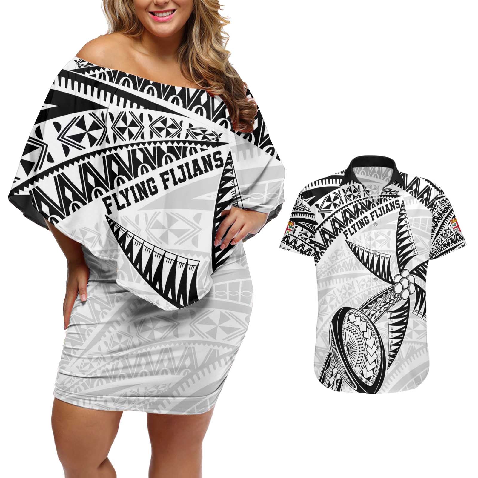 Custom Fiji Rugby Pacific Couples Matching Off Shoulder Short Dress and Hawaiian Shirt Polynesian Palm Tattoo