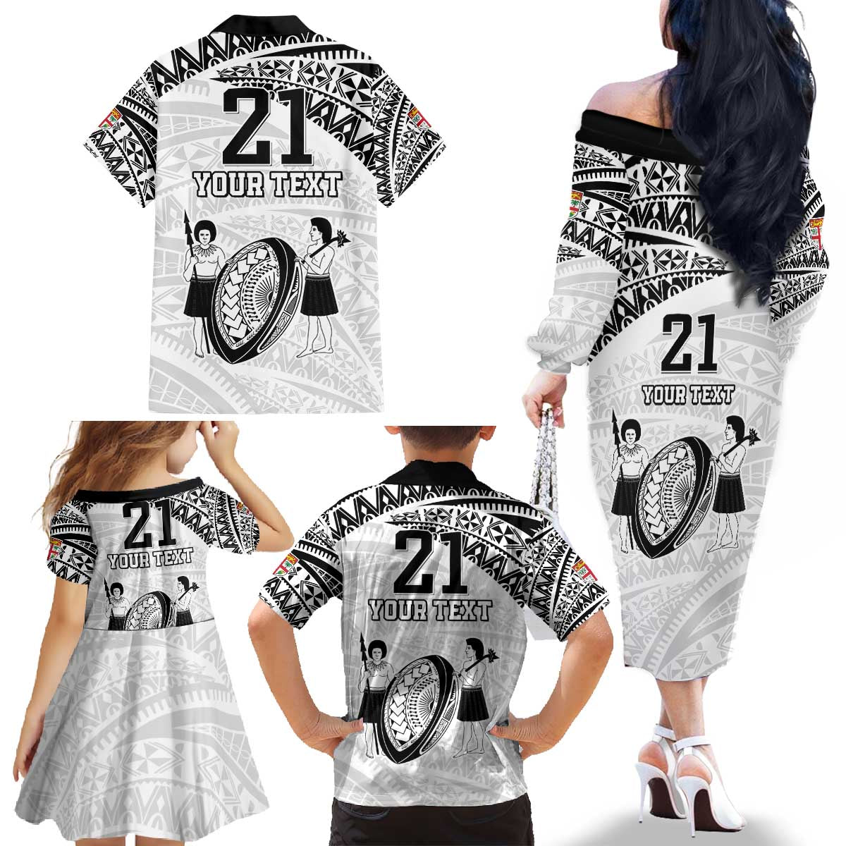 Custom Fiji Rugby Pacific Family Matching Off The Shoulder Long Sleeve Dress and Hawaiian Shirt Polynesian Palm Tattoo