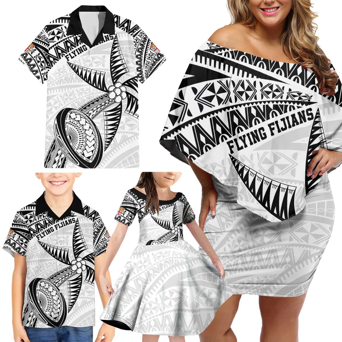 Custom Fiji Rugby Pacific Family Matching Off Shoulder Short Dress and Hawaiian Shirt Polynesian Palm Tattoo