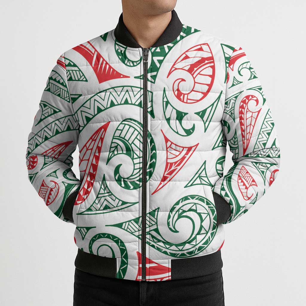 New Zealand Kowhaiwhai Christmas Bomber Puffer Jacket Traditional Maori Koru Pattern - Polynesian Pride