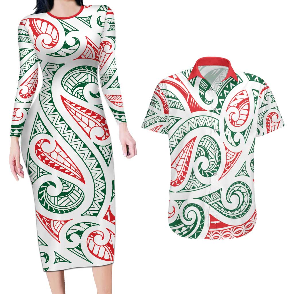 New Zealand Kowhaiwhai Christmas Couples Matching Long Sleeve Bodycon Dress and Hawaiian Shirt Traditional Maori Koru Pattern - Polynesian Pride