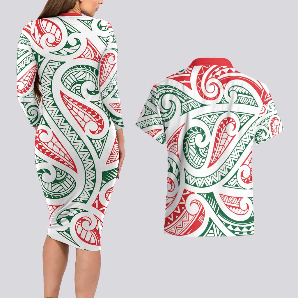New Zealand Kowhaiwhai Christmas Couples Matching Long Sleeve Bodycon Dress and Hawaiian Shirt Traditional Maori Koru Pattern - Polynesian Pride