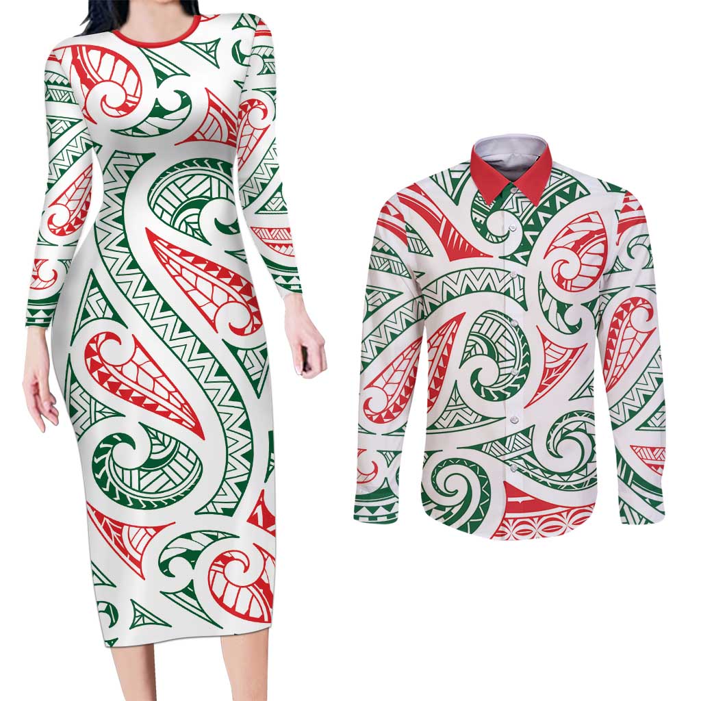 New Zealand Kowhaiwhai Christmas Couples Matching Long Sleeve Bodycon Dress and Long Sleeve Button Shirt Traditional Maori Koru Pattern - Polynesian Pride