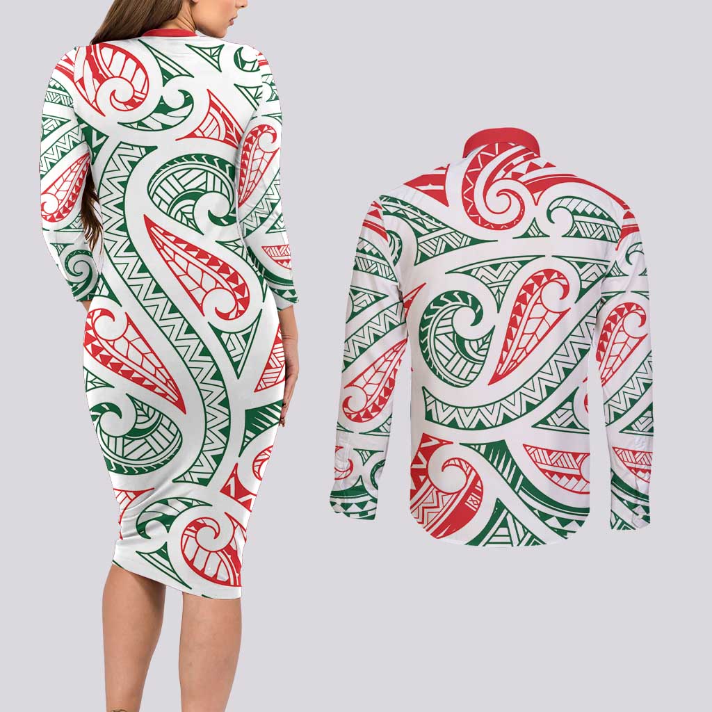 New Zealand Kowhaiwhai Christmas Couples Matching Long Sleeve Bodycon Dress and Long Sleeve Button Shirt Traditional Maori Koru Pattern - Polynesian Pride