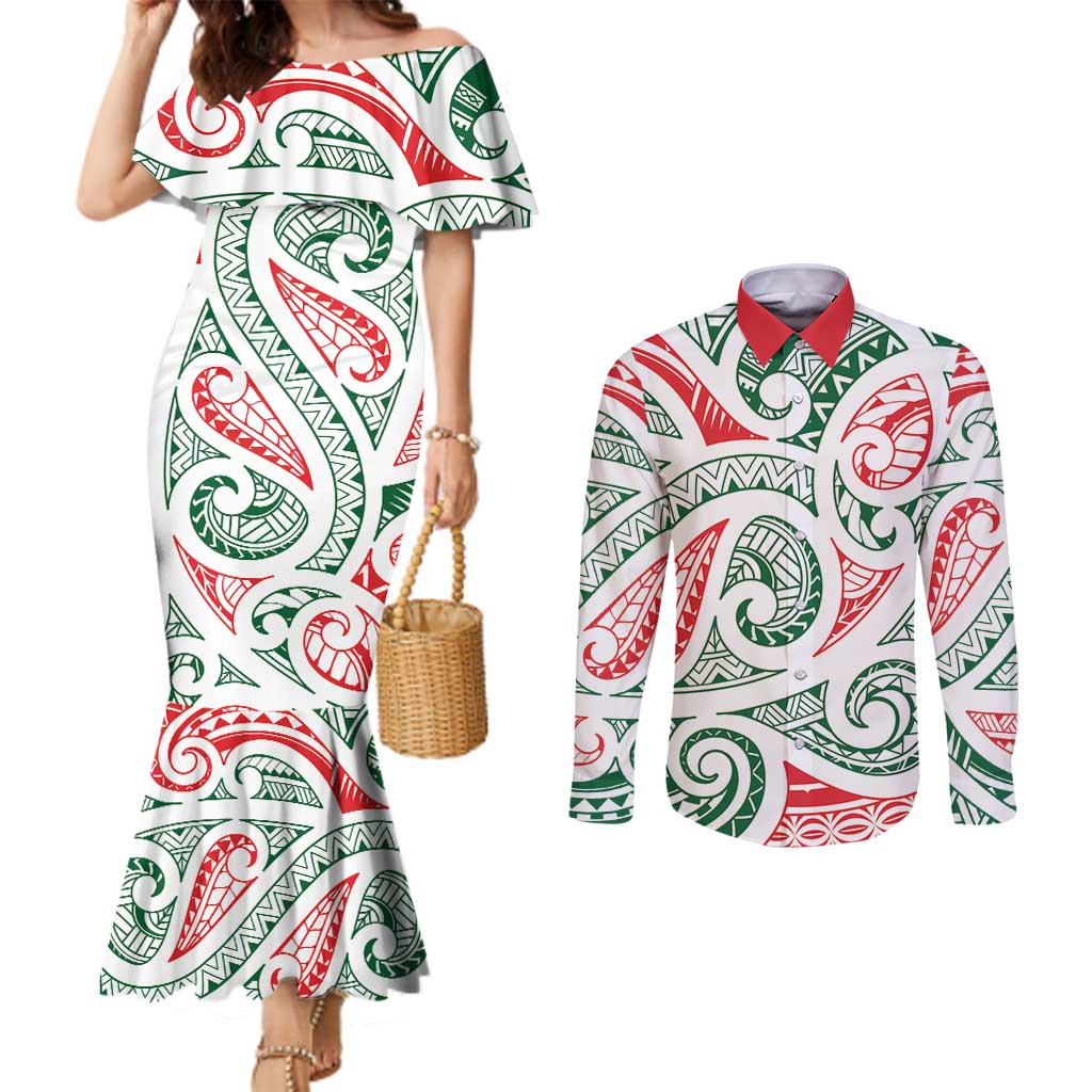 New Zealand Kowhaiwhai Christmas Couples Matching Mermaid Dress and Long Sleeve Button Shirt Traditional Maori Koru Pattern - Polynesian Pride