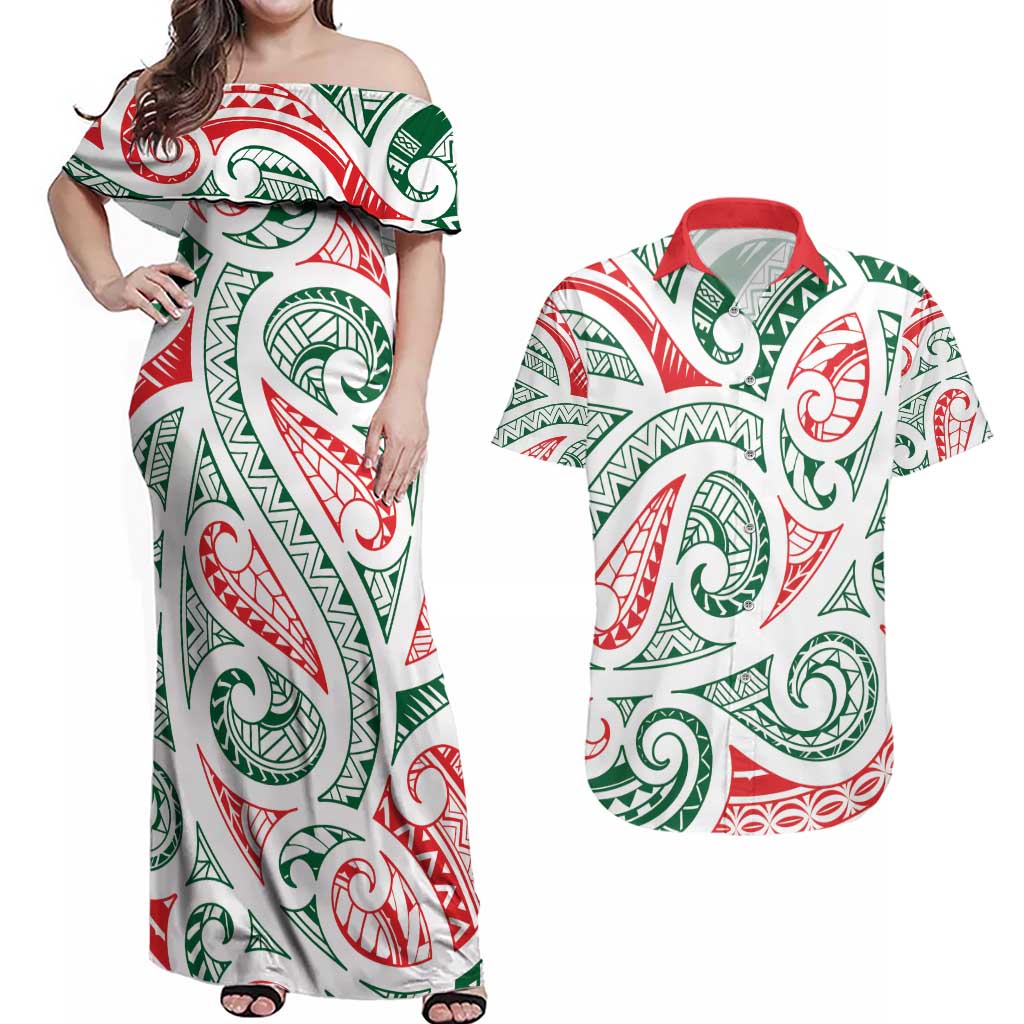 New Zealand Kowhaiwhai Christmas Couples Matching Off Shoulder Maxi Dress and Hawaiian Shirt Traditional Maori Koru Pattern - Polynesian Pride