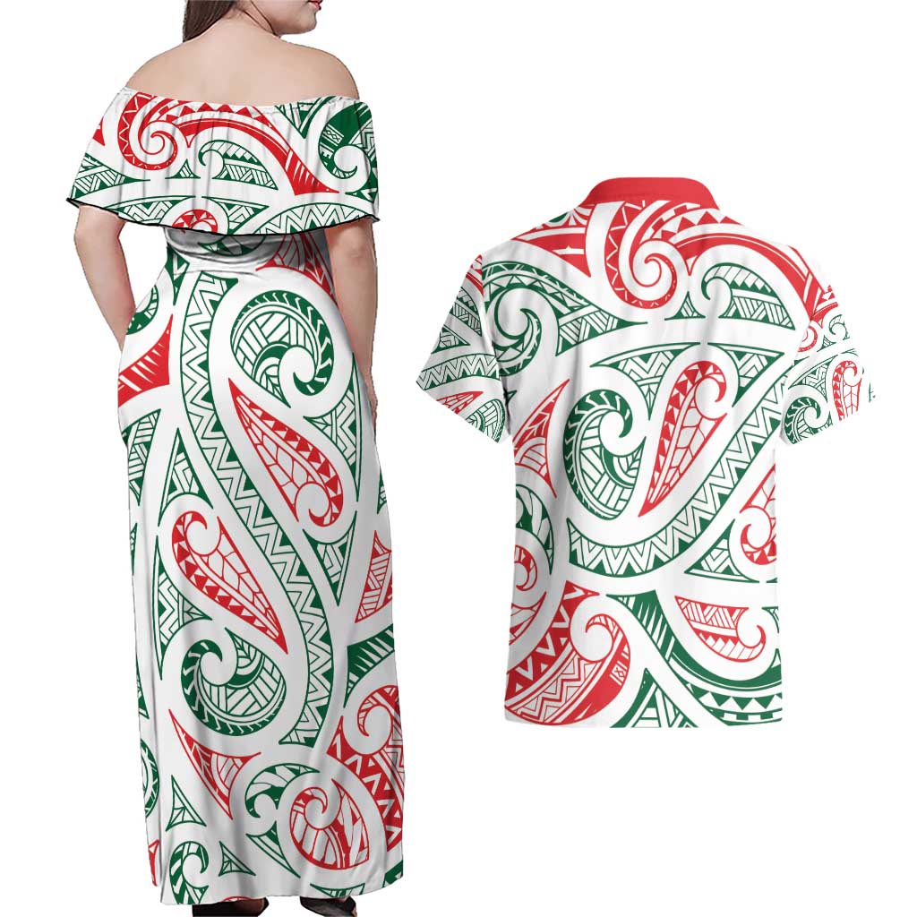 New Zealand Kowhaiwhai Christmas Couples Matching Off Shoulder Maxi Dress and Hawaiian Shirt Traditional Maori Koru Pattern - Polynesian Pride