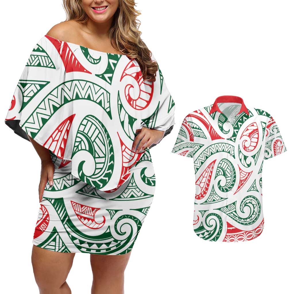 New Zealand Kowhaiwhai Christmas Couples Matching Off Shoulder Short Dress and Hawaiian Shirt Traditional Maori Koru Pattern - Polynesian Pride