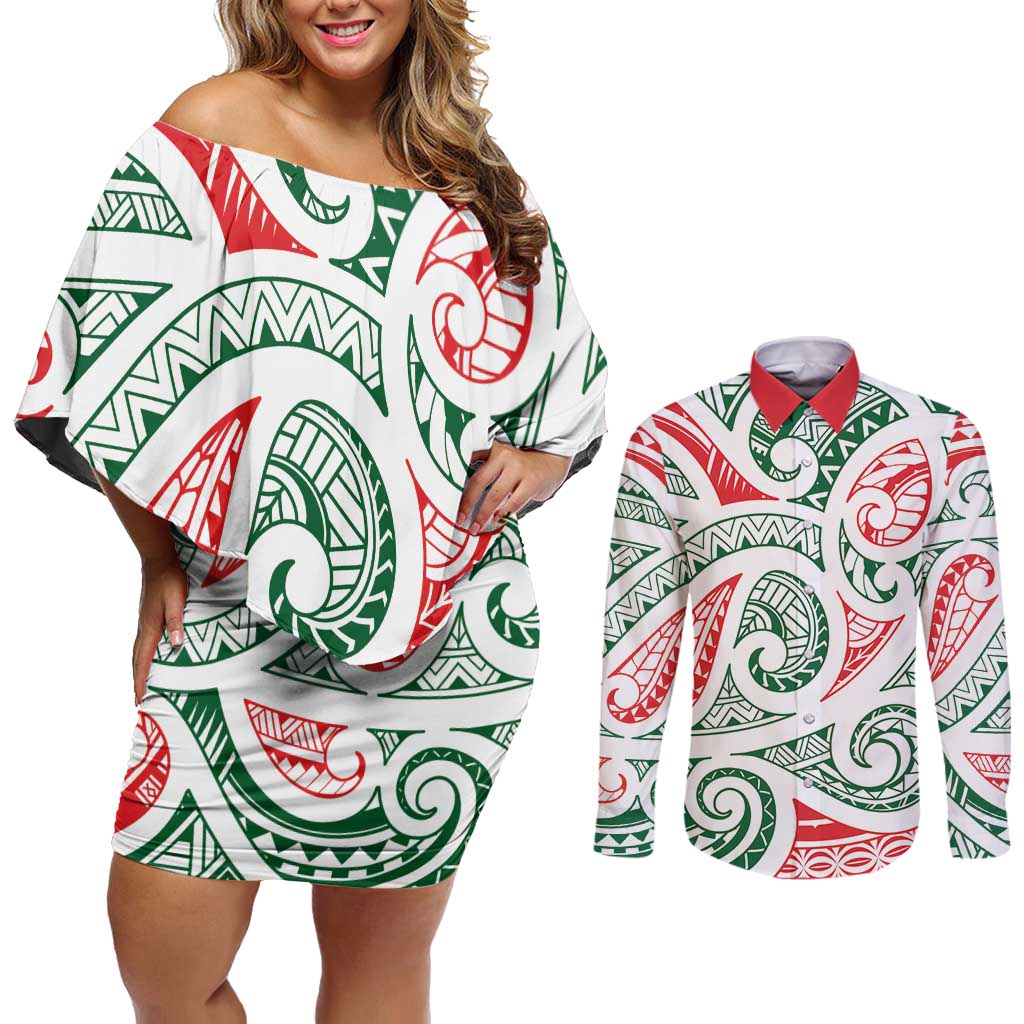 New Zealand Kowhaiwhai Christmas Couples Matching Off Shoulder Short Dress and Long Sleeve Button Shirt Traditional Maori Koru Pattern - Polynesian Pride