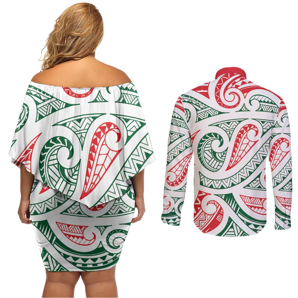 New Zealand Kowhaiwhai Christmas Couples Matching Off Shoulder Short Dress and Long Sleeve Button Shirt Traditional Maori Koru Pattern - Polynesian Pride