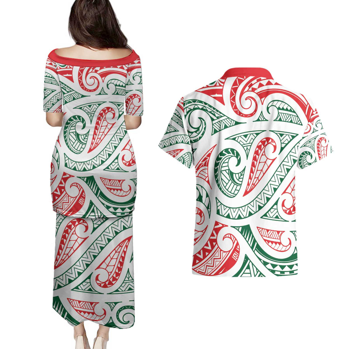 New Zealand Kowhaiwhai Christmas Couples Matching Puletasi and Hawaiian Shirt Traditional Maori Koru Pattern - Polynesian Pride