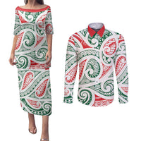 New Zealand Kowhaiwhai Christmas Couples Matching Puletasi and Long Sleeve Button Shirt Traditional Maori Koru Pattern - Polynesian Pride