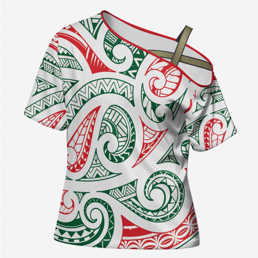 New Zealand Kowhaiwhai Christmas Cross Shoulder Shirt Traditional Maori Koru Pattern - Polynesian Pride