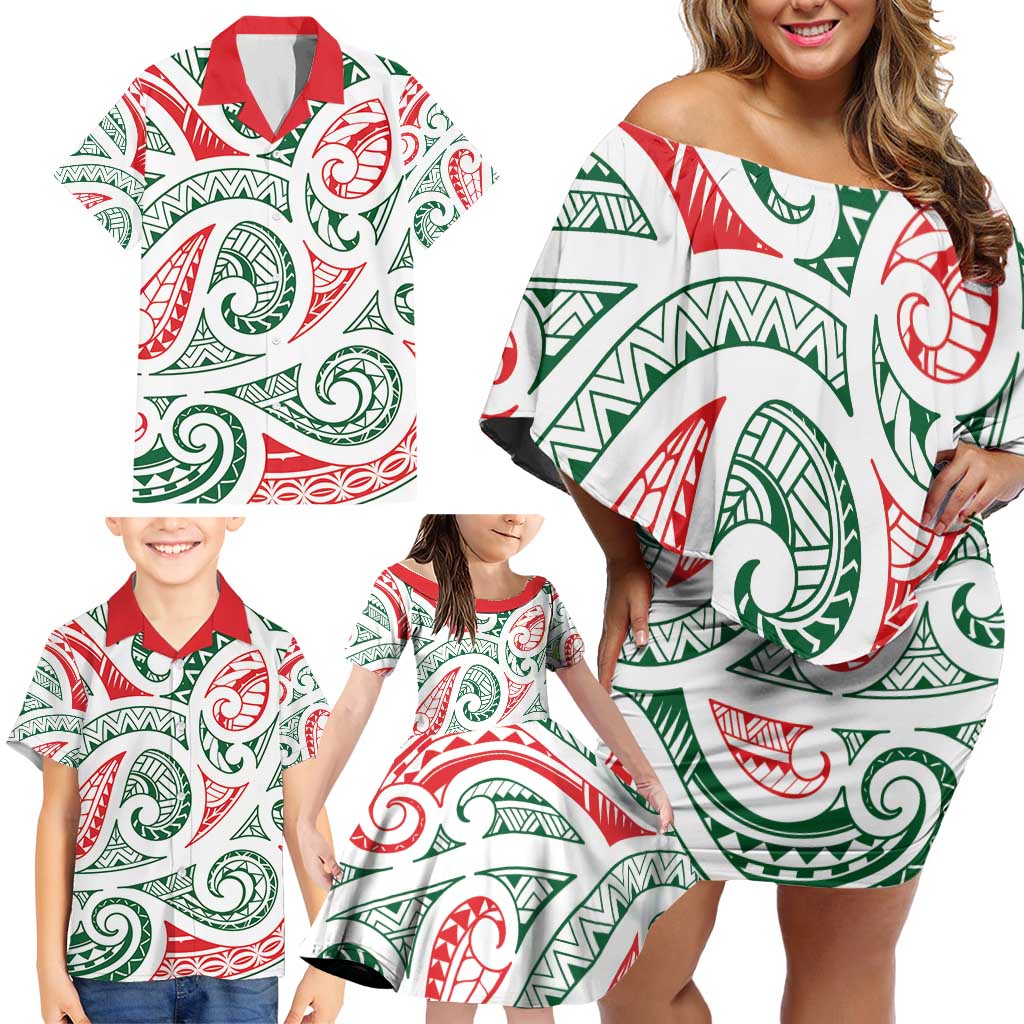 New Zealand Kowhaiwhai Christmas Family Matching Off Shoulder Short Dress and Hawaiian Shirt Traditional Maori Koru Pattern - Polynesian Pride