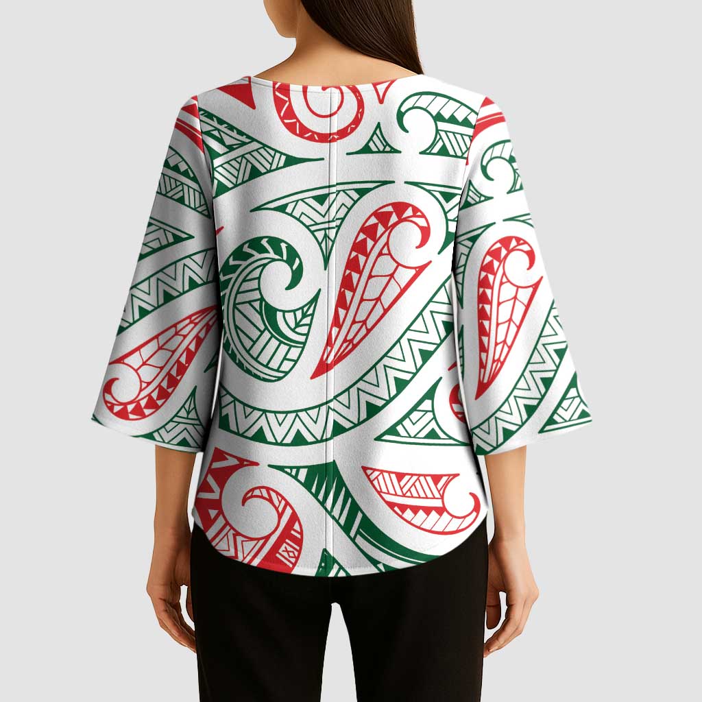 New Zealand Kowhaiwhai Christmas Kimono Sleeve Blouse Traditional Maori Koru Pattern - Polynesian Pride