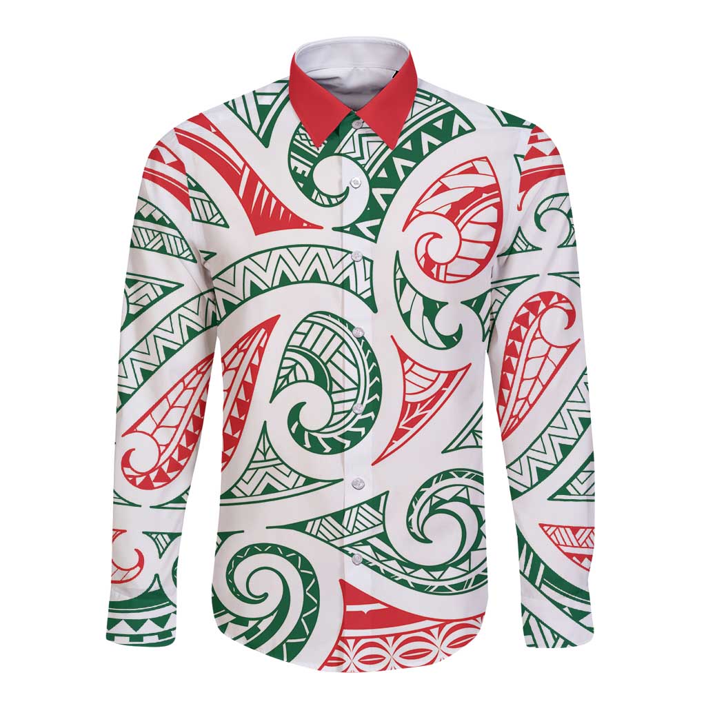 New Zealand Kowhaiwhai Christmas Long Sleeve Button Shirt Traditional Maori Koru Pattern - Polynesian Pride